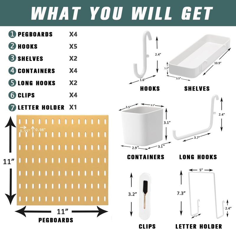 RIVTUN Pegboard Combination Kit for Wall Organizer, Wall Mounted Peg Board Kits for Kitchen, Bedroom, Office, &Bathroom, 4 Pieces White Pegboards and 14 Accessories, 22" x 22" - Image 2